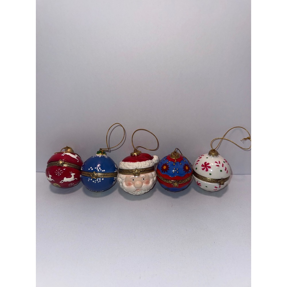 Vintage Porcelain Hinged Trinket Box Christmas Ornaments Santa Reindeer Set of 5